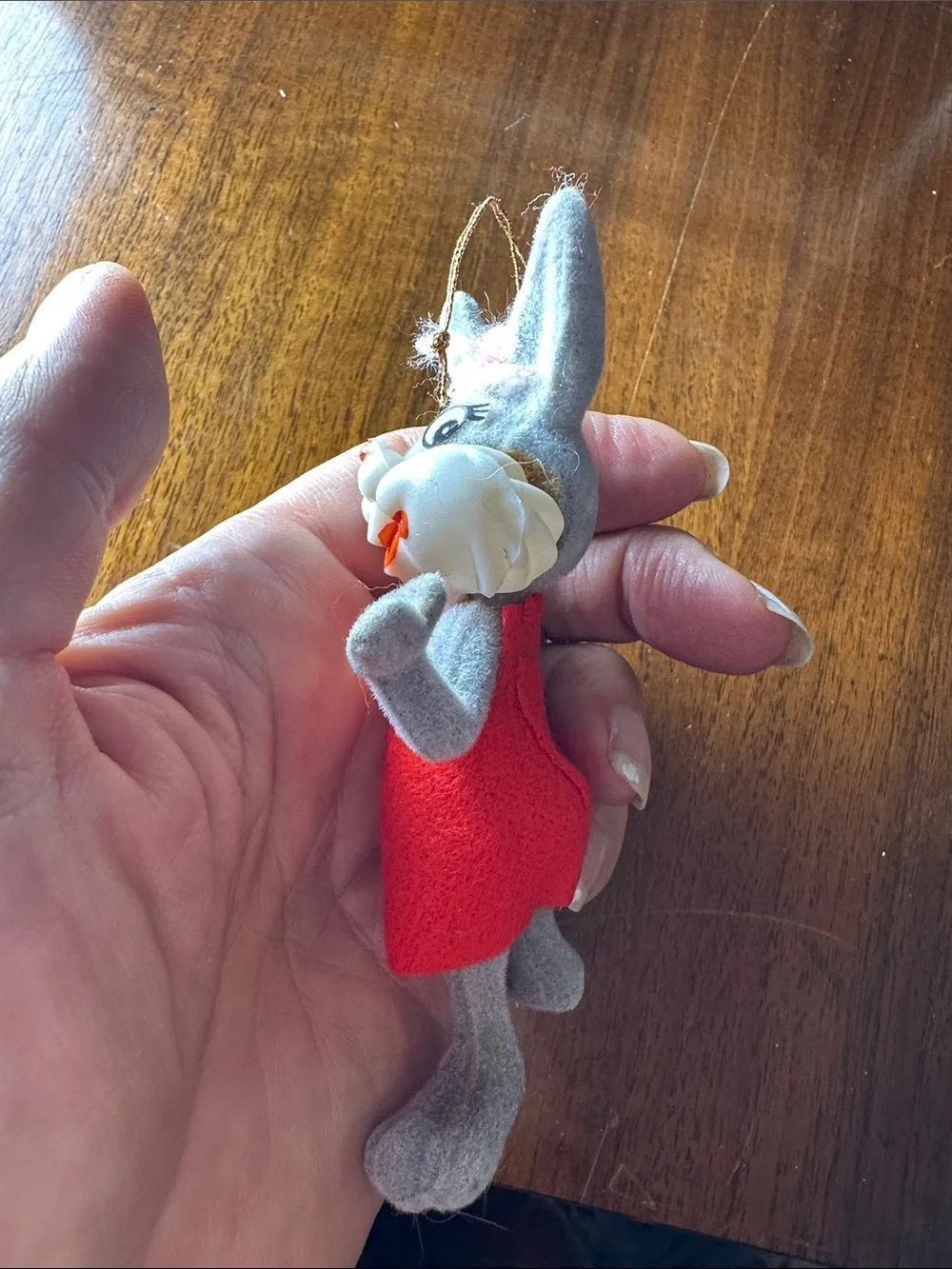 Vtg  1977 Warner Bros. Honey Bunny ornament - flocked gray felt body & red dress